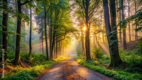 Serene winding dirt path disappears into a lush vibrant forest surrounded by towering trees, vibrant foliage, and a subtle misty atmosphere at dawn.