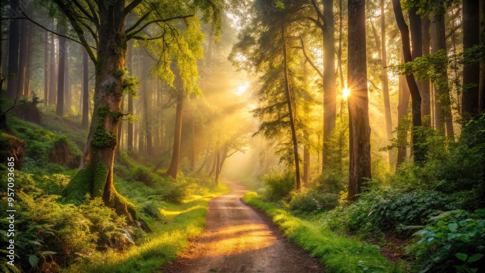 Serene winding dirt path surrounded by lush greenery and towering trees, leading into a majestic foggy misty forest landscape with a warm golden light. Serene winding dirt path surrounded by lush greenery and towering trees, leading into a majestic foggy misty forest landscape with a warm golden light.