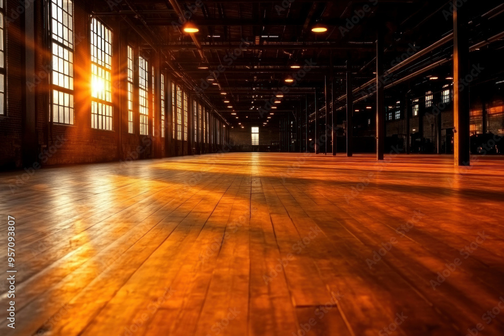 An old factory floor with exposed beams and vintage machinery An old factory floor with exposed beams and vintage machinery
