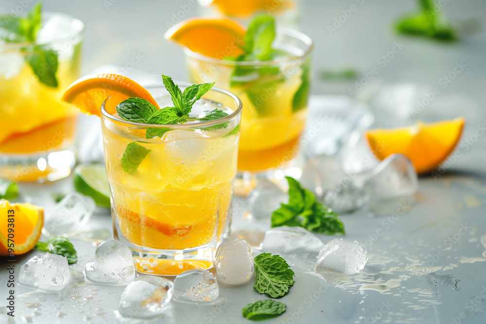 Glasses of fresh orange and mint cocktail with ice on white table. Glasses of fresh orange and mint cocktail with ice on white table.