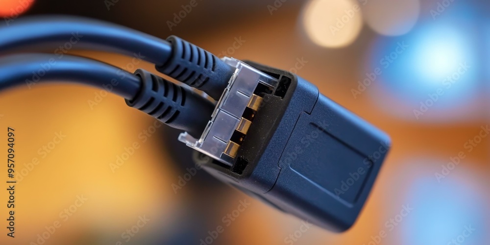 Two black ethernet cables plugged into a network switch. Two black ethernet cables plugged into a network switch.
