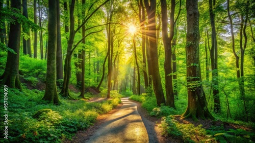 Serene winding trail beckons hikers through a lush forest of towering trees  dappled sunlight filtering through a vibrant canopy of green foliage.
