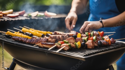 Person in blue apron grills skewers on outdoor barbecue.