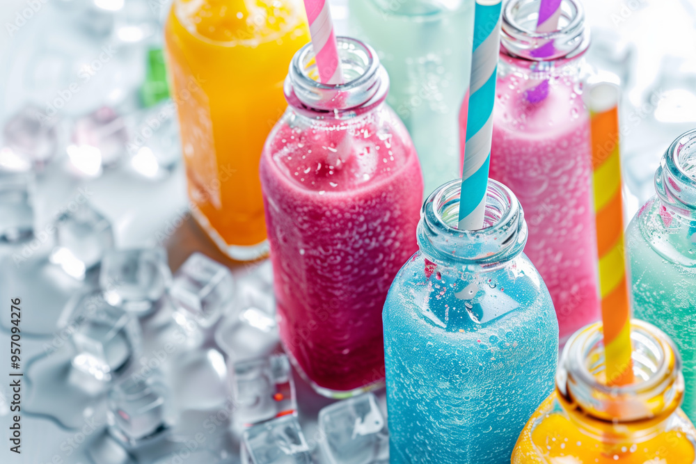 Colorful smoothies in glass bottles with straws and ice cubes. Colorful smoothies in glass bottles with straws and ice cubes.