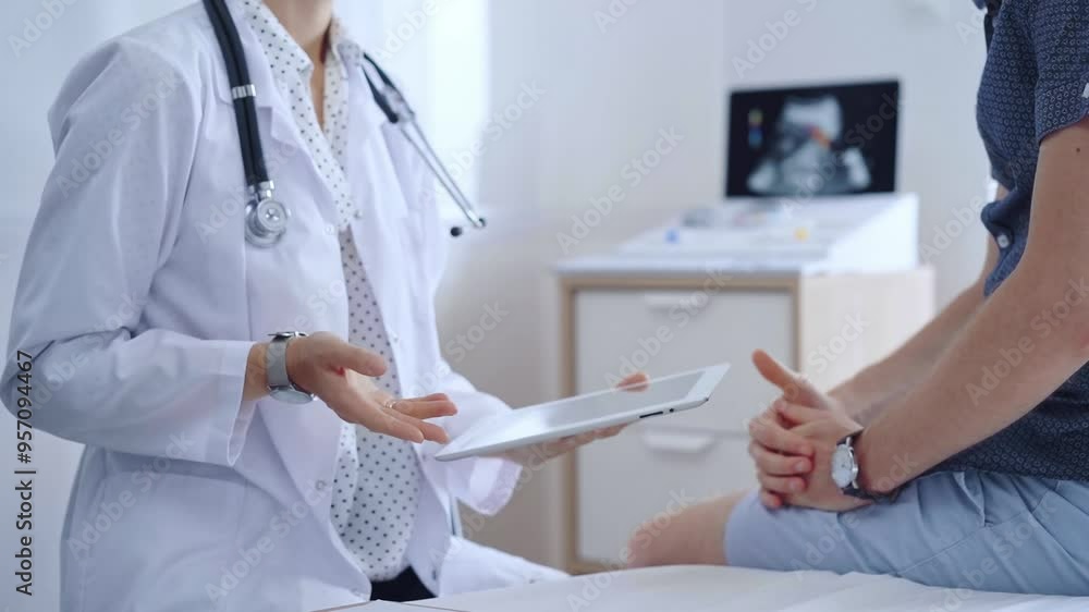 Doctor woman is taking notes on a tablet computer while a male patient describes his symptoms in clinic procedure cabinet. Medicine service concept Doctor woman is taking notes on a tablet computer while a male patient describes his symptoms in clinic procedure cabinet. Medicine service concept