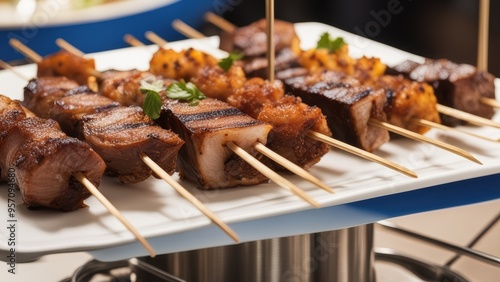 Grilled meat skewers on wooden sticks arranged on a tray.