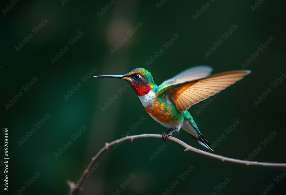 Hummingbird perched on a thin branch, captured on a dark green background, focusing on the details of the feathers and elegant posture Hummingbird perched on a thin branch, captured on a dark green background, focusing on the details of the feathers and elegant posture