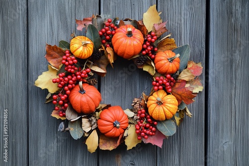 This is a close-up shot of a colorful floral autumn door wreath made from rosehip berries, rowan, dry flowers and oak leaves.