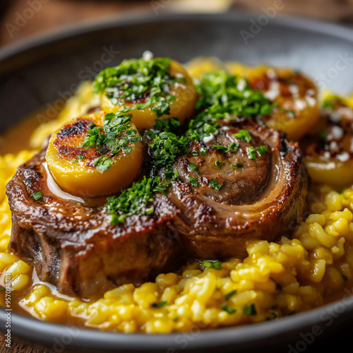 Traditional Italian Ossobuco served with creamy saffron risotto photo