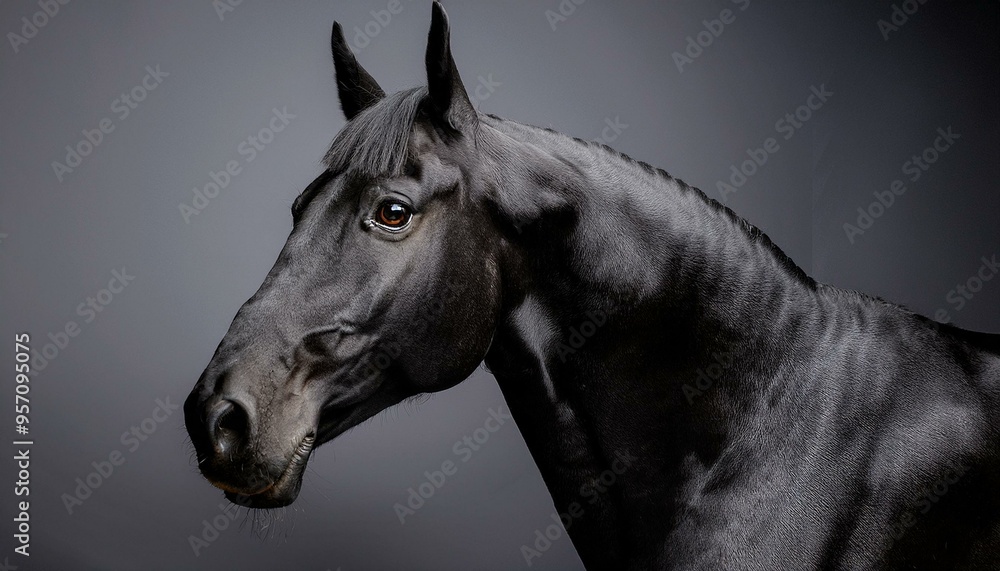 Fototapeta premium of a realistic horse head. The horse model is rendered with a realistic detailed black coat texture. The horse head is directly facing the camera and well-lit. The background is dark gray.