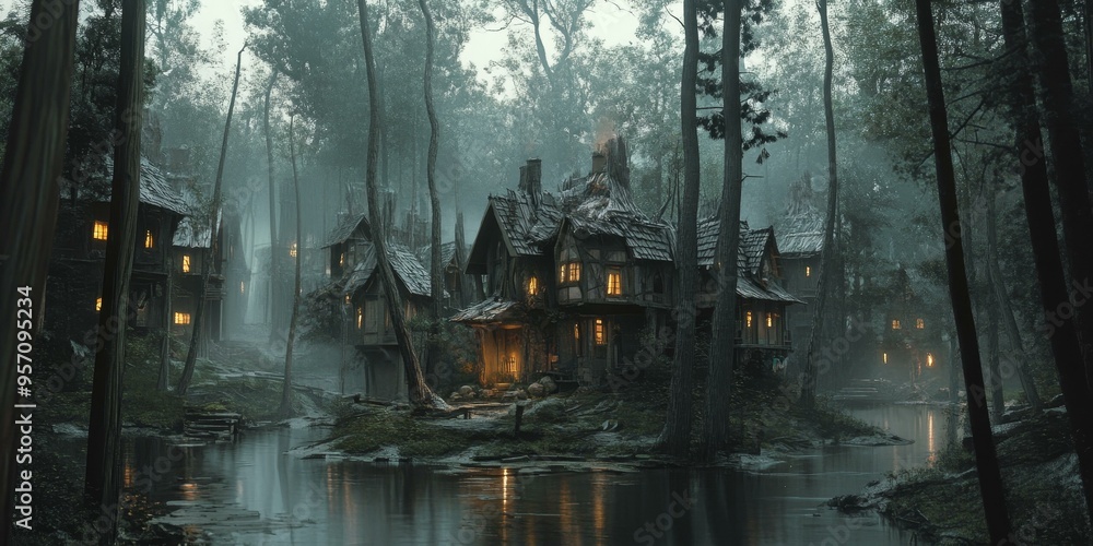 Obraz premium Misty forest houses with glowing windows by river.