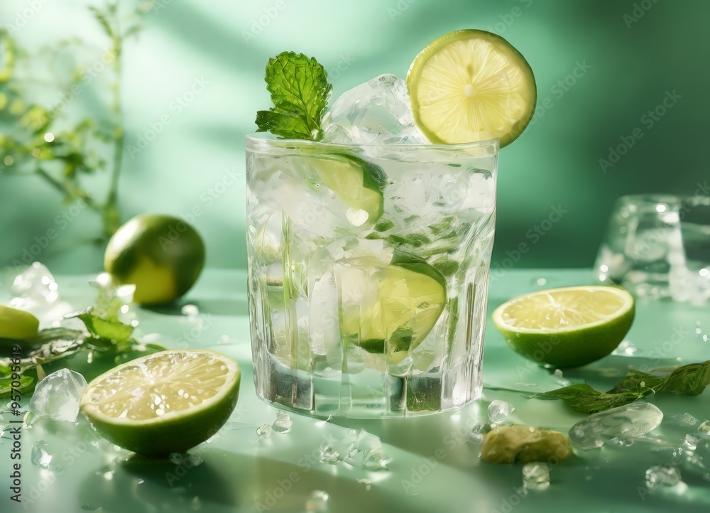 glass water with lime and ice glass water with lime and ice