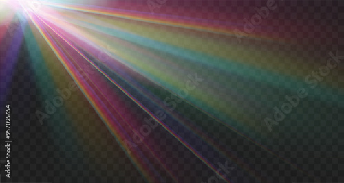 Optical fire light effect. Vector lens glare leakage glare reflection effect. Sparkle shine. Sunlight. Rainbow crystal star. Crystal ray light, sun shines rainbow red yellow and blue color.