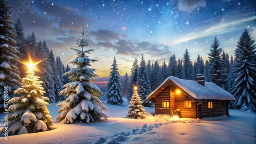 Snowflakes gently fall on a festive holiday scene featuring a warmly lit cabin, evergreen trees, and a snowy landscape under a serene winter sky. photo