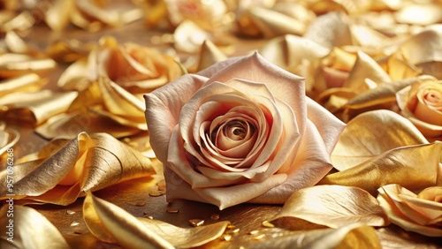 Soft, delicate rose petals unfold against a luxurious gold foil textured background, evoking opulence, elegance, and refinement in this stunning, high-contrast visual composition.