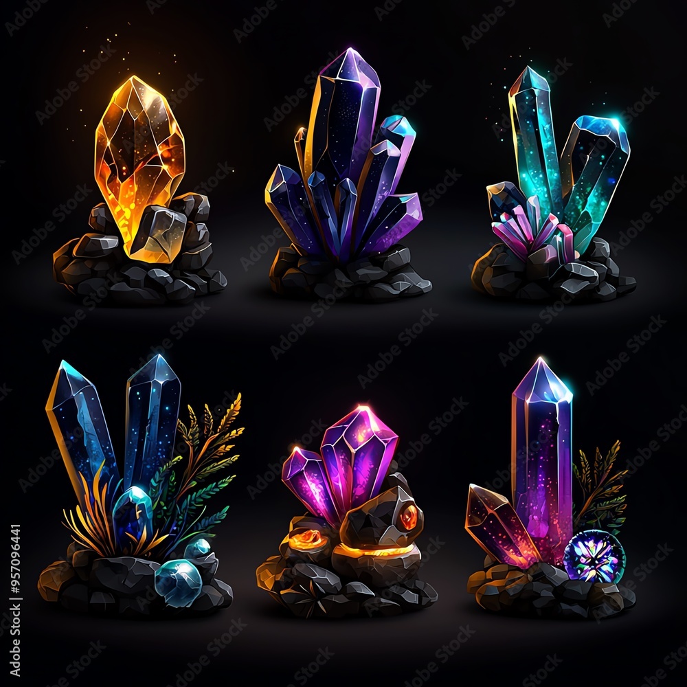 A collection of colorful crystals on dark rocks, showcasing sparkling facets and unique shapes in a captivating arrangement. A collection of colorful crystals on dark rocks, showcasing sparkling facets and unique shapes in a captivating arrangement.