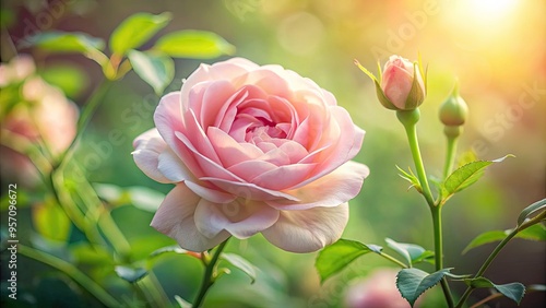 Softly blurred, delicate pink rose petals unfold from a gentle center, surrounded by subtle greenery, exuding serene elegance and romantic subtlety in warm, dreamy light. photo