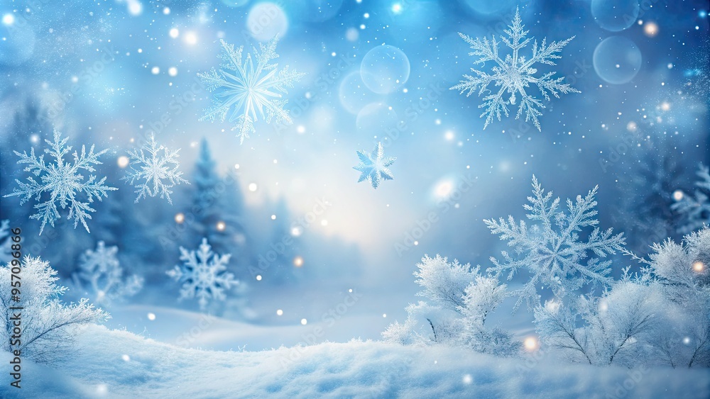 Softly falling snowflakes gently swirl amidst delicate frosty particles, suspended in mid-air, against a serene pale blue winter wonderland backdrop with subtle misty atmosphere. Softly falling snowflakes gently swirl amidst delicate frosty particles, suspended in mid-air, against a serene pale blue winter wonderland backdrop with subtle misty atmosphere.