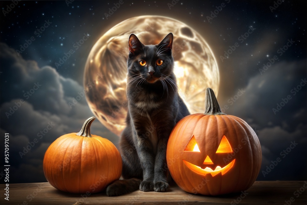 Black Cat with Jack-o'-Lanterns under Full Moon, Halloween Night Black Cat with Jack-o'-Lanterns under Full Moon, Halloween Night