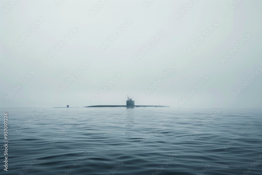 Fototapeta premium An expansive sea under a serene, misty sky features a distant submarine, blending into the horizon, capturing the solitary beauty and mystery of the ocean.
