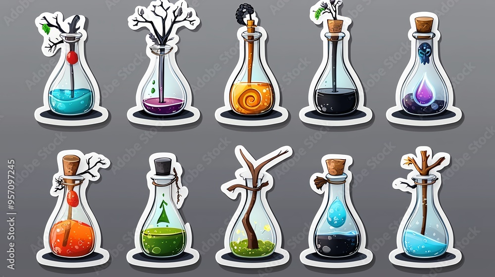 A collection of colorful potion bottles with unique labels, ideal for fantasy themes, illustrations, and creative projects. A collection of colorful potion bottles with unique labels, ideal for fantasy themes, illustrations, and creative projects.