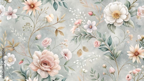 Softly textured gray background features a delicate floral pattern with intricate illustrations of blooming flowers, tendrils, and leaves in soothing shades of pastel hues.