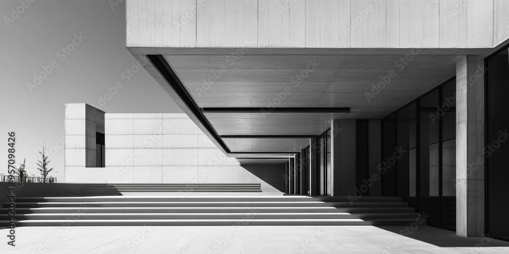 Obraz premium Concrete building with steps and large windows.