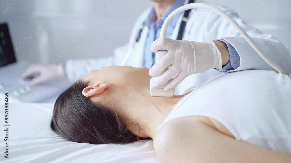 Doctor man is using ultrasound equipment on neck of female patient lying down for a medical examination. Medicine and science Doctor man is using ultrasound equipment on neck of female patient lying down for a medical examination. Medicine and science