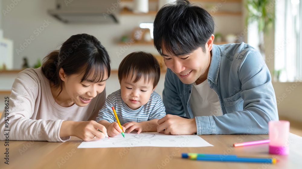 Happy family with a smiling toddler, drawing together with markers at a table, creating a cheerful and loving home environment. Happy family with a smiling toddler, drawing together with markers at a table, creating a cheerful and loving home environment.
