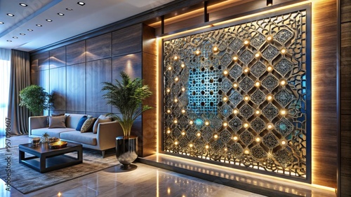 Vibrant LED lights elegantly adorn a modern, intricately designed metal decorative panel, adding a touch of sophisticated ambiance to any luxurious interior space. photo