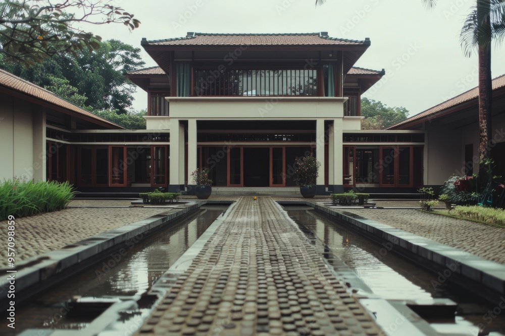 Fototapeta premium A serene, modern building with symmetrical design and water feature, reflecting an inviting, peaceful ambiance.