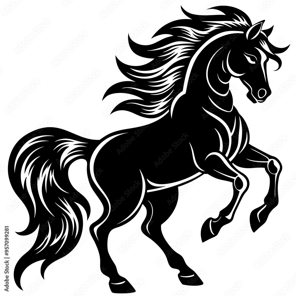 Create a Vector Silhouette of a Majestic Prancing Horse with Flowing Mane and Extended Legs Create a Vector Silhouette of a Majestic Prancing Horse with Flowing Mane and Extended Legs