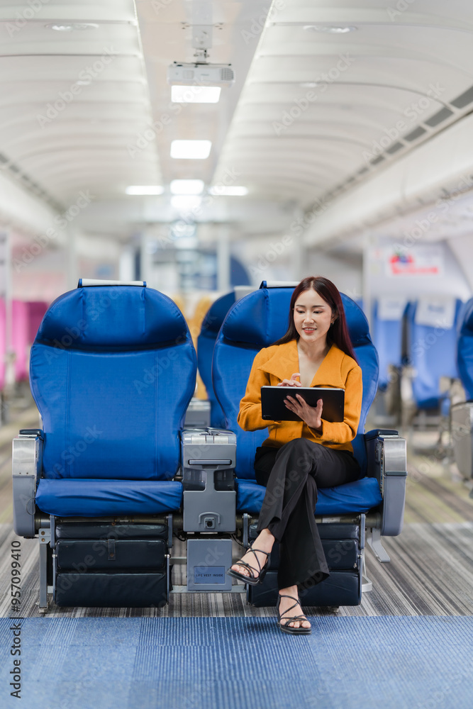 Businesswoman on a plane working on tablet Businesswoman on a plane working on tablet