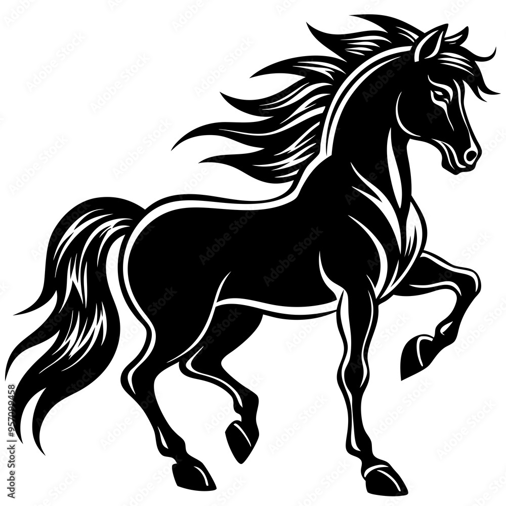 Create a Vector Silhouette of a Majestic Prancing Horse with Flowing Mane and Extended Legs Create a Vector Silhouette of a Majestic Prancing Horse with Flowing Mane and Extended Legs