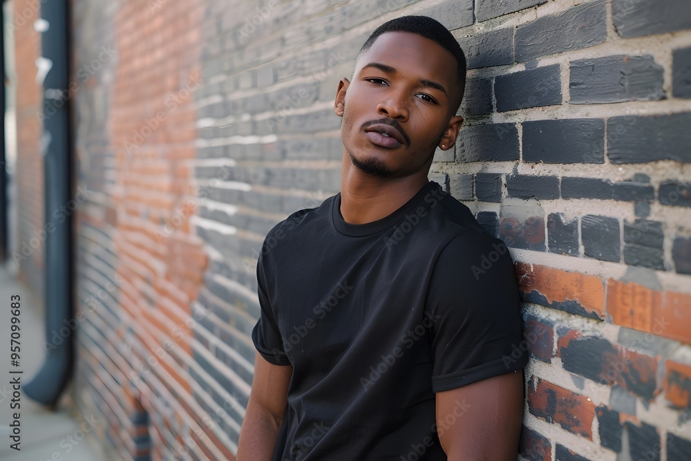Obraz premium Confident Young Man Leaning on Brick Wall