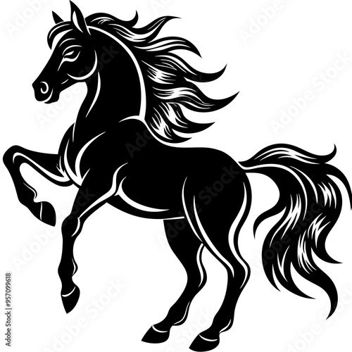 Create a Vector Silhouette of a Majestic Prancing Horse with Flowing Mane and Extended Legs