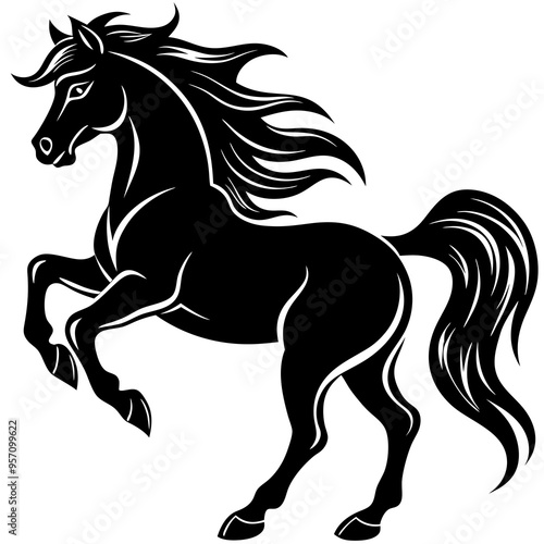 Create a Vector Silhouette of a Majestic Prancing Horse with Flowing Mane and Extended Legs