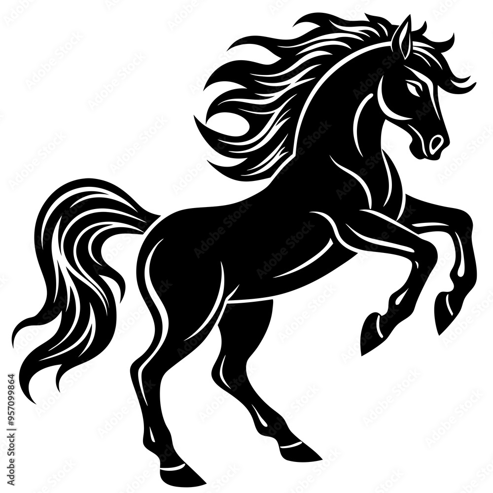 Create a Vector Silhouette of a Majestic Prancing Horse with Flowing Mane and Extended Legs Create a Vector Silhouette of a Majestic Prancing Horse with Flowing Mane and Extended Legs