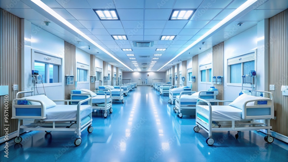 Sterile hospital corridor with rows of empty beds, beeping machines, and soft lighting, conveying a sense of calm and medical care. Sterile hospital corridor with rows of empty beds, beeping machines, and soft lighting, conveying a sense of calm and medical care.