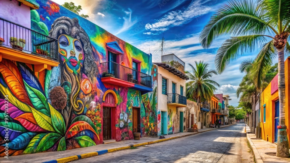 Fototapeta premium Vibrant Mexico Cancun, Energetic Street Art, Local Culture Immersion, Bold Colors, Discover the Local Scene