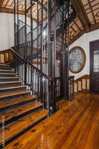 A vintage indoor staircase photo