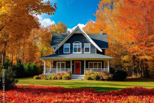 A colorful autumn tree and the front yard of the house in autumn