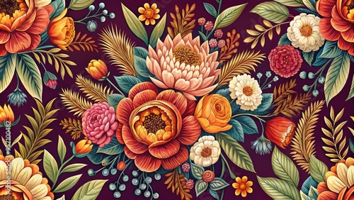 Stunning floral pattern featuring intricate, hand-drawn blooms in warm hues, adorned with ornate vector borders, perfect for decorative backgrounds, greeting cards, or wrapping paper designs.