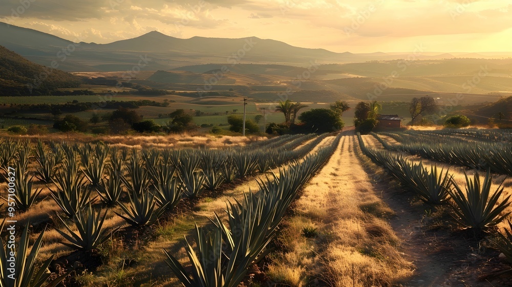 Fototapeta premium AGAVE PLANTATION. BACKGROUND. WALLPAPER 