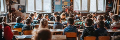 Many students focus on their studies in an overcrowded classroom filled with old educational materials and supplies. Generative AI