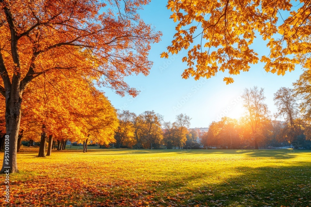 In the fall, leaves fall from red and yellow trees. Yellow trees with yellow foliage in the park. Natural landscape with falling leaves in the park. In the fall, leaves fall from red and yellow trees. Yellow trees with yellow foliage in the park. Natural landscape with falling leaves in the park.