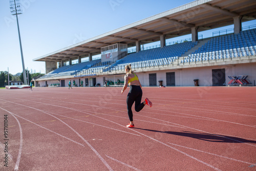 athletic girl training at the stadium photo