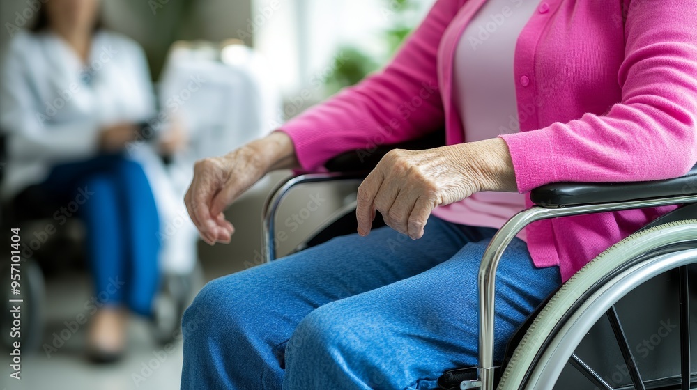 Obraz premium Close-up of a senior handicapped woman in a wheelchair receiving compassionate care in a hospital or home setting, highlighting the essence of elderly disability, support, and medical assistance