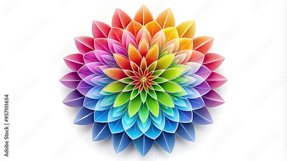 Stylized, multicolored flower icon with intricate petals and a delicate center, set against a crisp white background, perfect for graphics, logos, and branding materials. Stylized, multicolored flower icon with intricate petals and a delicate center, set against a crisp white background, perfect for graphics, logos, and branding materials.
