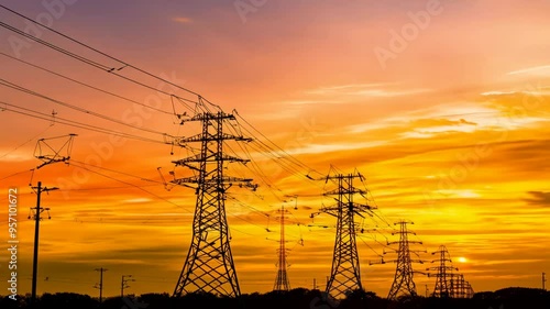 Elctric pole timelapse energy tower transmission electrical grid power line network wires cable noise hyperlapse high voltage 220V industrial substation metal pylon green energy generator system